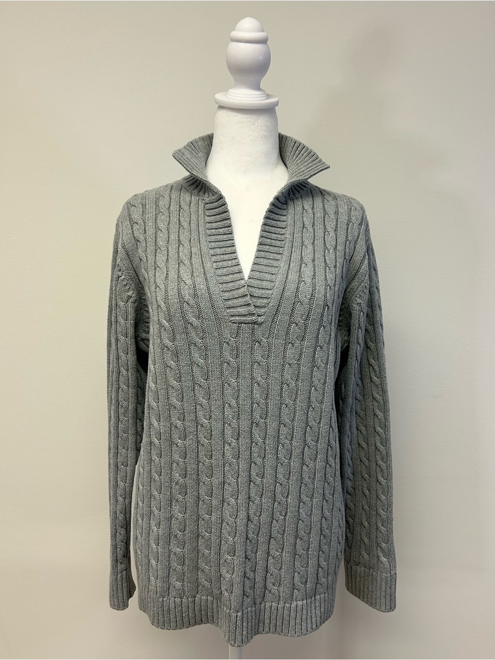 L.L.Bean 100% Cotton Cable Knit Stand Collar V-Neck Sweater Size L Grey/Gray